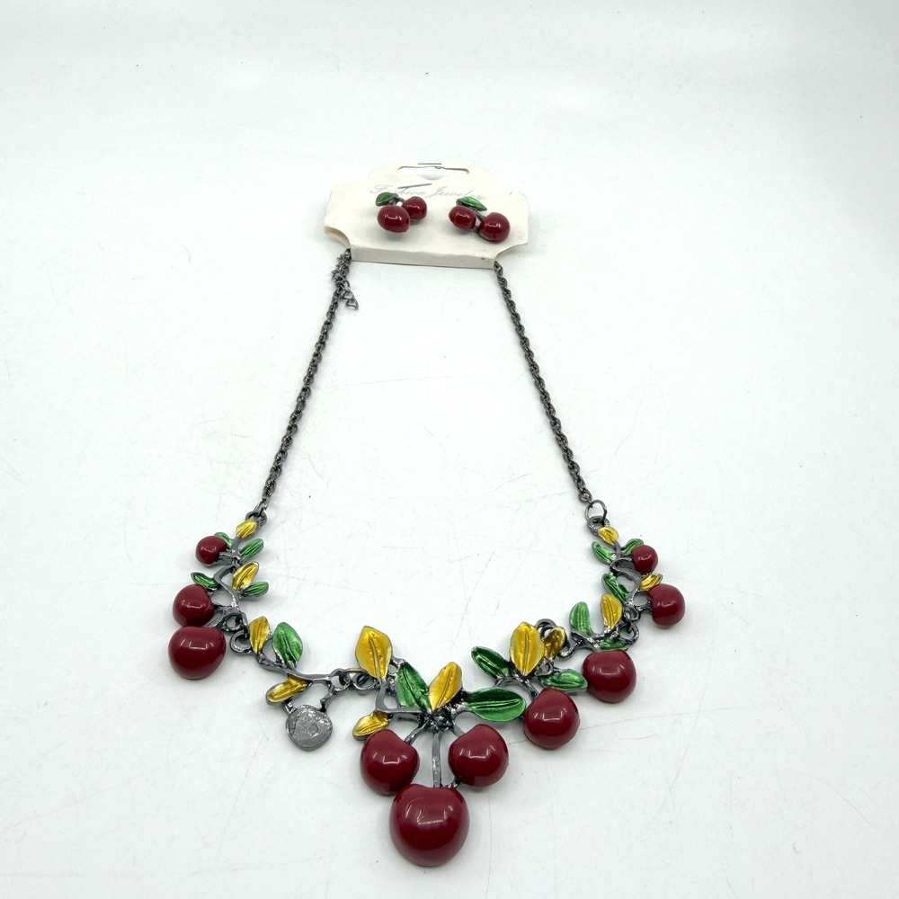 Red Cherry Enamel Necklace Earrings Set Gunmetal Tone Fruit Statement Jewelry